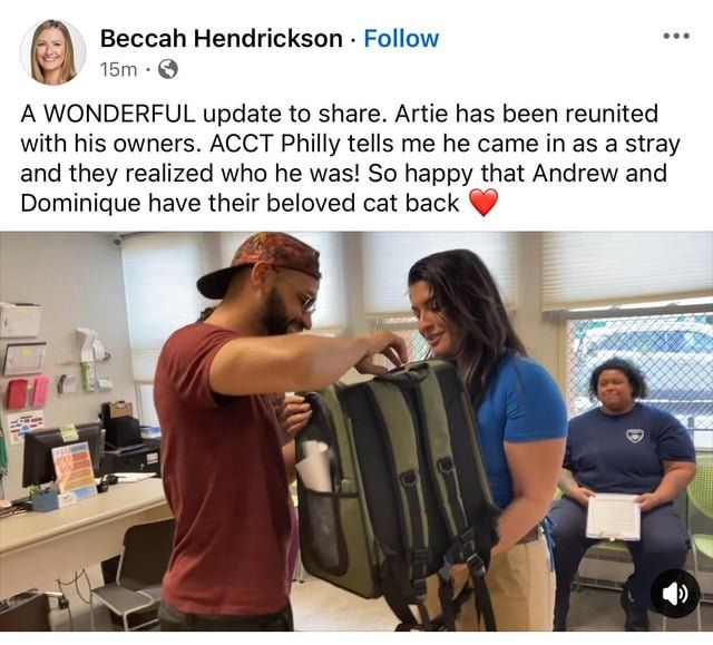 Found Cat in Philadelphia, Pennsylvania — Terrific news Artie the cat has been found safe and reunited with his owners
