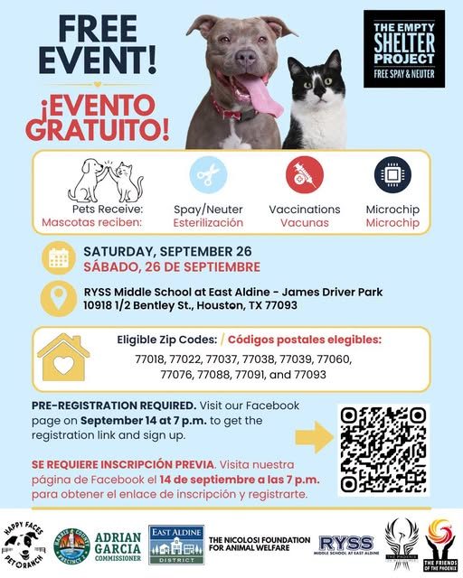 Pet alert in Houston, Texas — UPDATE: REGISTRATION OPENS NOW AT: 📣The Empty Shelter Project will be providing FREE spay/neuter…